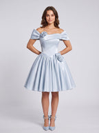 Mist Satin A-Line Off-the-Shoulder Criss-Cross Straps Short Dress with 3D Flower - Curvevia