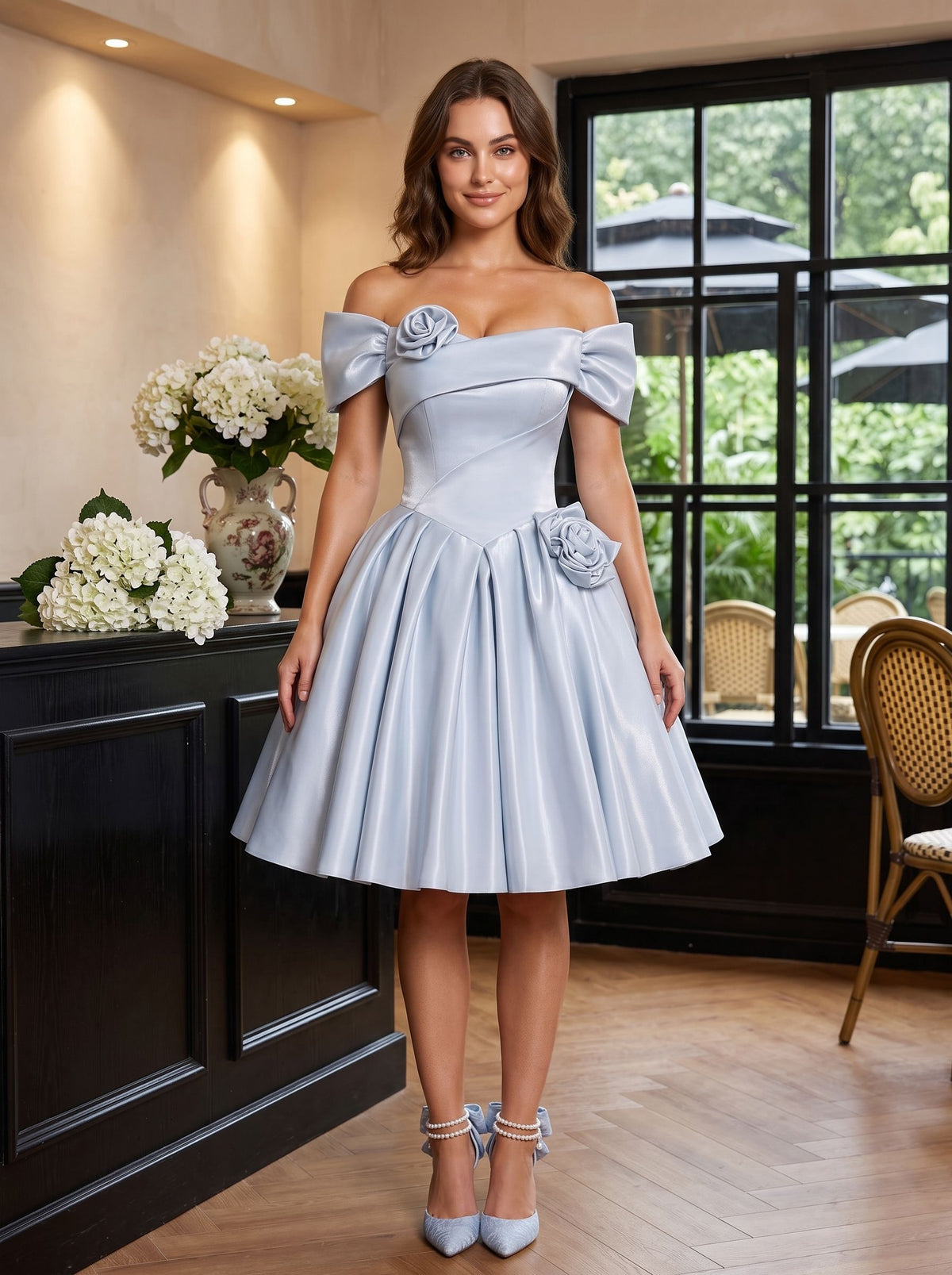 Mist Satin A-Line Off-the-Shoulder Criss-Cross Straps Short Dress with 3D Flower - Curvevia