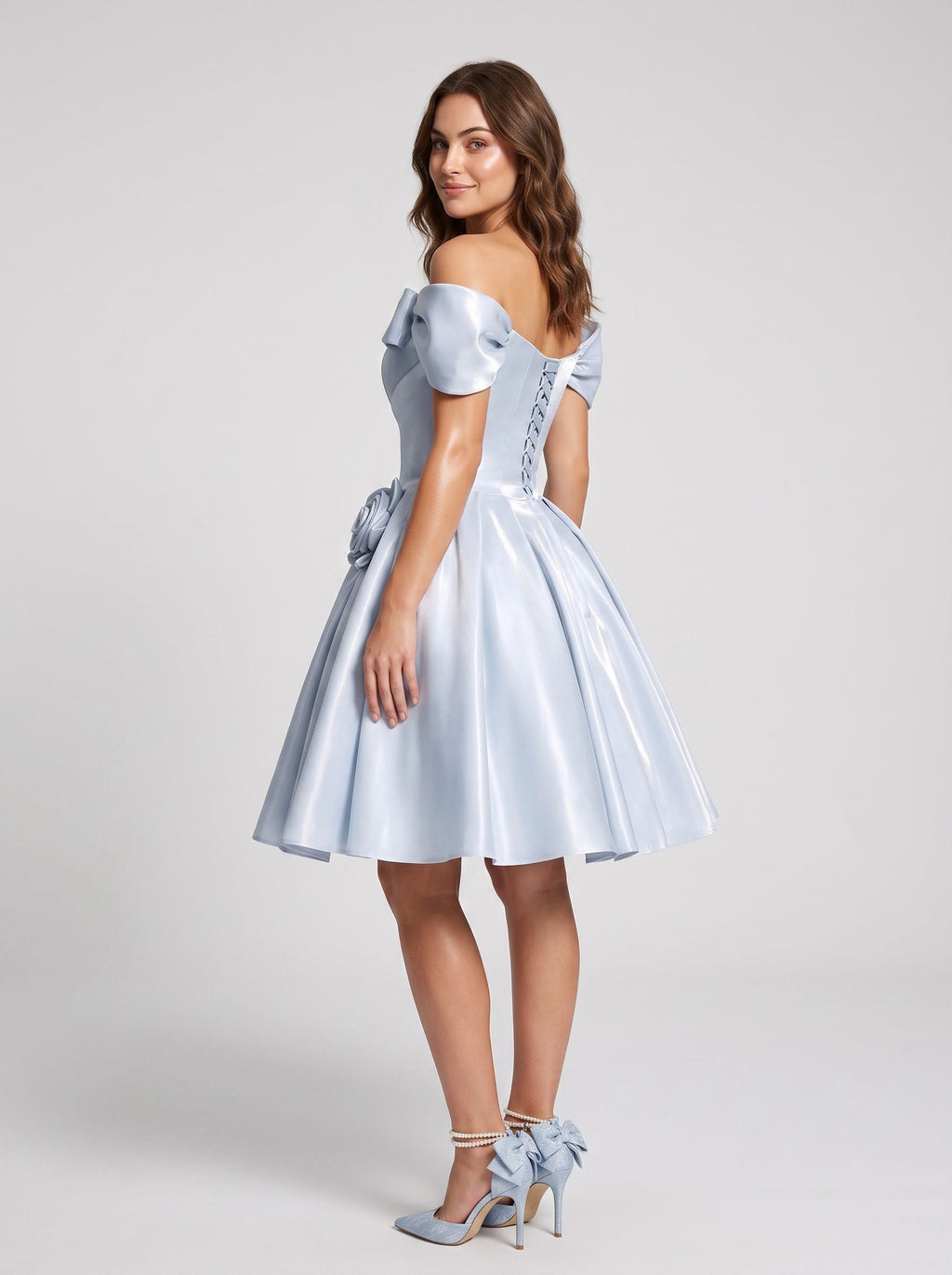 Mist Satin A-Line Off-the-Shoulder Criss-Cross Straps Short Dress with 3D Flower - Curvevia