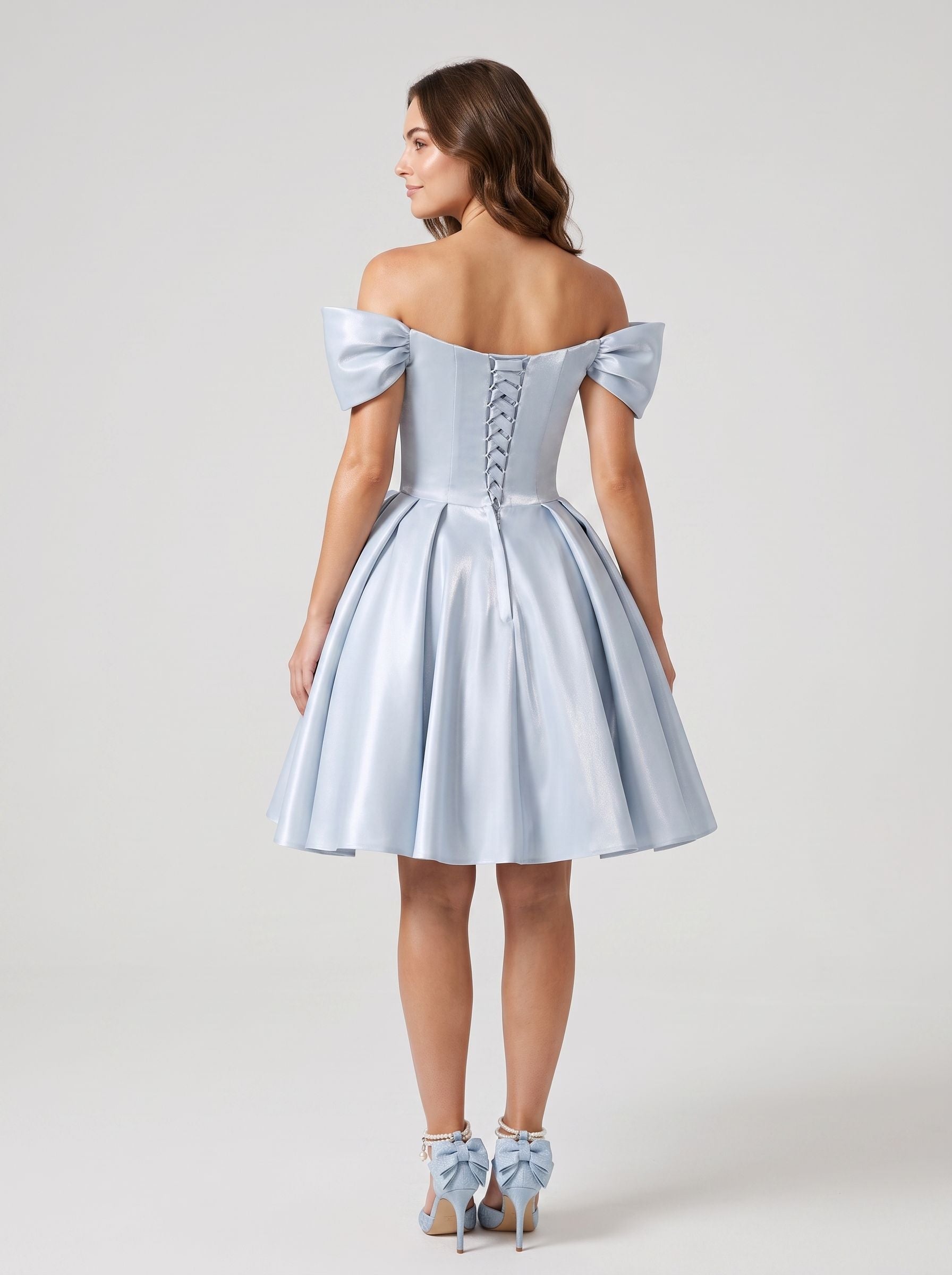 Mist Satin A-Line Off-the-Shoulder Criss-Cross Straps Short Dress with 3D Flower - Curvevia