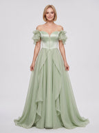 Dusty Sage Chiffon A-Line Off-the-Shoulder Lace-up Floor-Length Dress with Pleated Bodice - Curvevia