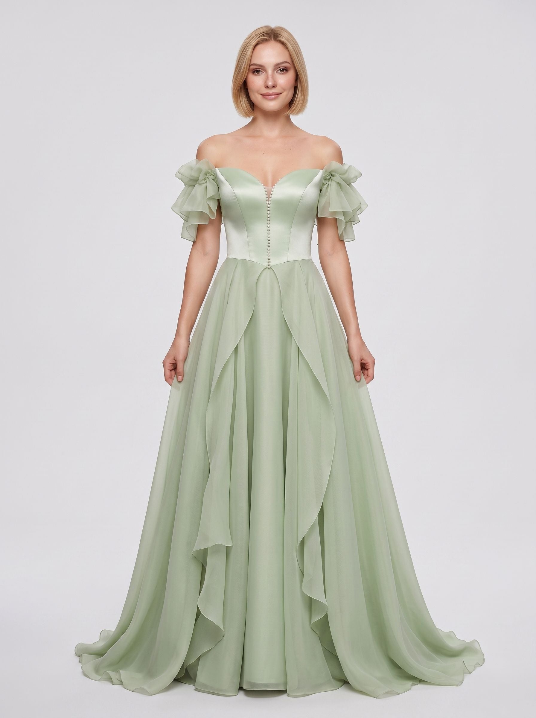 Dusty Sage Chiffon A-Line Off-the-Shoulder Lace-up Floor-Length Dress with Pleated Bodice - Curvevia