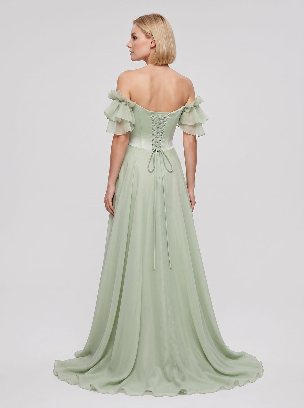 Dusty Sage Chiffon A-Line Off-the-Shoulder Lace-up Floor-Length Dress with Pleated Bodice - Curvevia