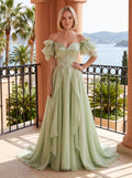 Dusty Sage Chiffon A-Line Off-the-Shoulder Lace-up Floor-Length Dress with Pleated Bodice - Curvevia