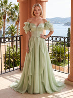 Dusty Sage Chiffon A-Line Off-the-Shoulder Lace-up Floor-Length Dress with Pleated Bodice - Curvevia