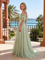 Dusty Sage Chiffon A-Line Off-the-Shoulder Lace-up Floor-Length Dress with Pleated Bodice - Curvevia