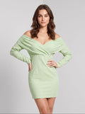 Sage Green Satin Sheath Off-the-Shoulder Back Zip Short Dress with Off-shoulder Long Sleeves - Curvevia