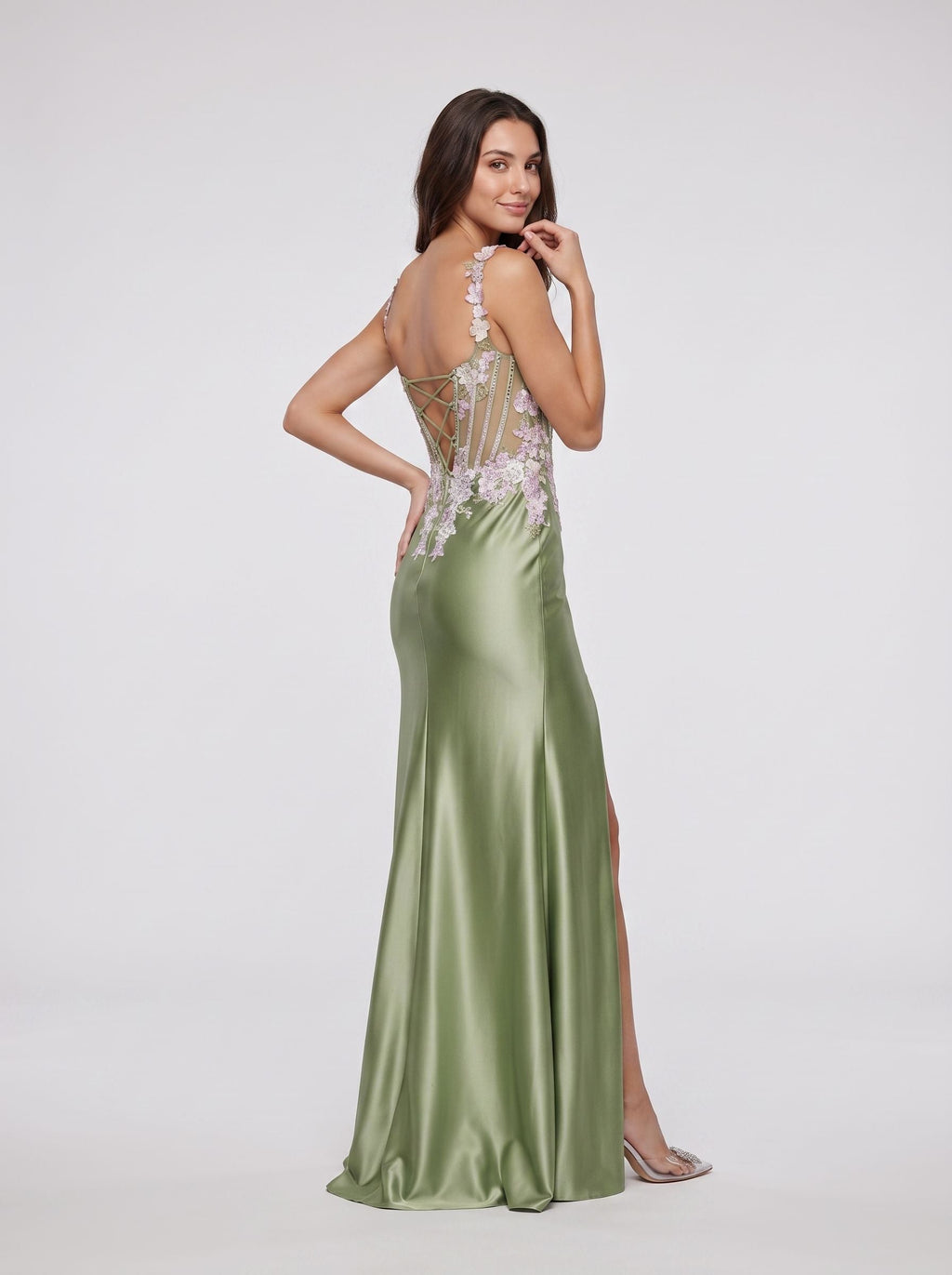 Sage Green Satin column Sweetheart Lace-up Floor-Length Dress with 3D Floral Bodice - Curvevia