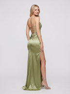 Sage Green Satin A-Line V-Neck Lace-up Floor-Length Dress with Sheer Embellished Corset and Slit - Curvevia