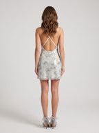 Green Sequins A-Line Cowl Neck Backless Short Dress with Floral Print - Curvevia