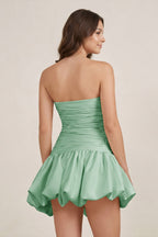 Champagne Strapless A-Line Satin Balloon Draped Wedding Guest Dress - Curvevia
