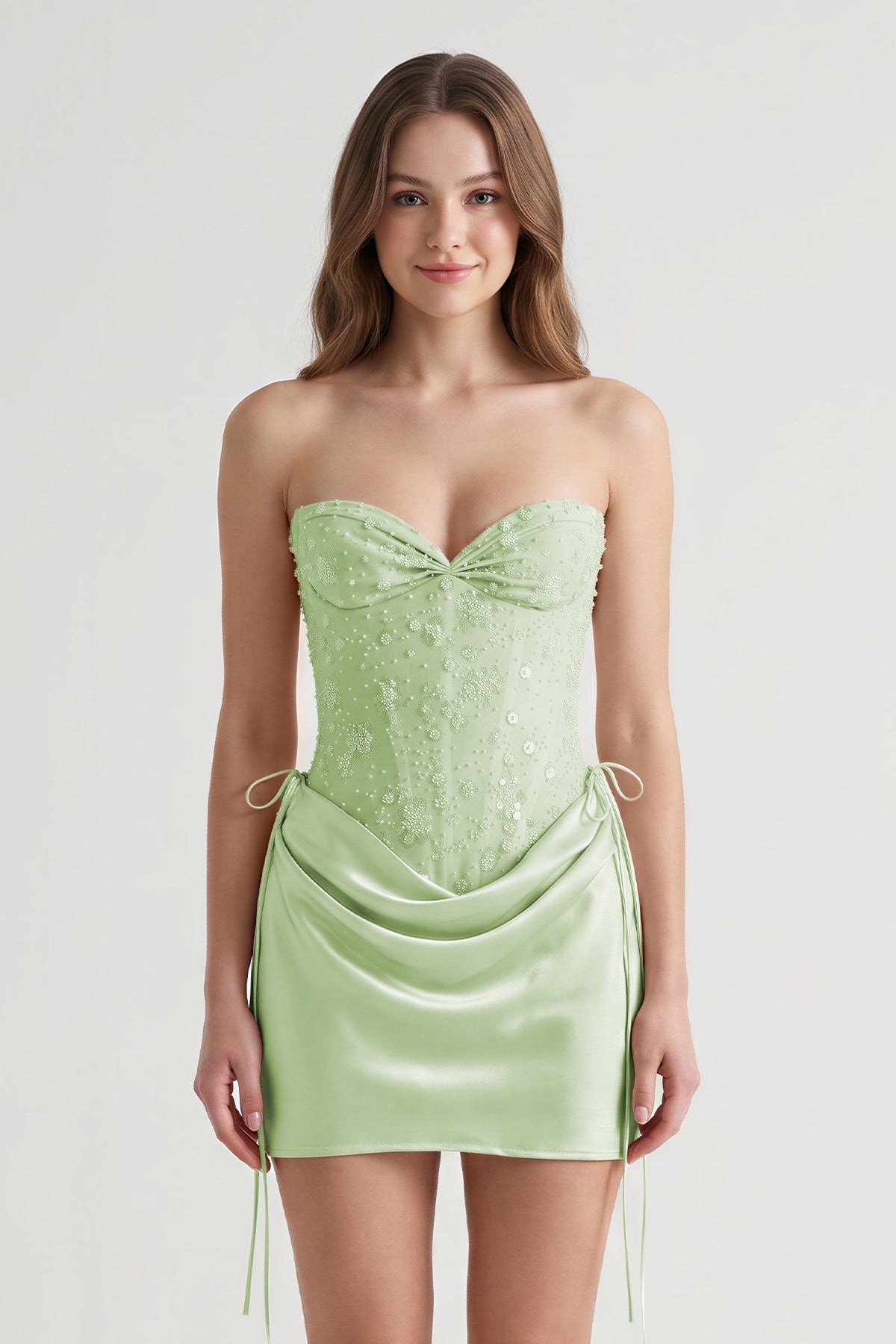 Pink Sweetheart Sheath Corset Ruched Satin Homecoming Dress with Beading - Curvevia