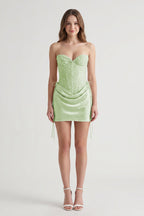 Pink Sweetheart Sheath Corset Ruched Satin Homecoming Dress with Beading - Curvevia