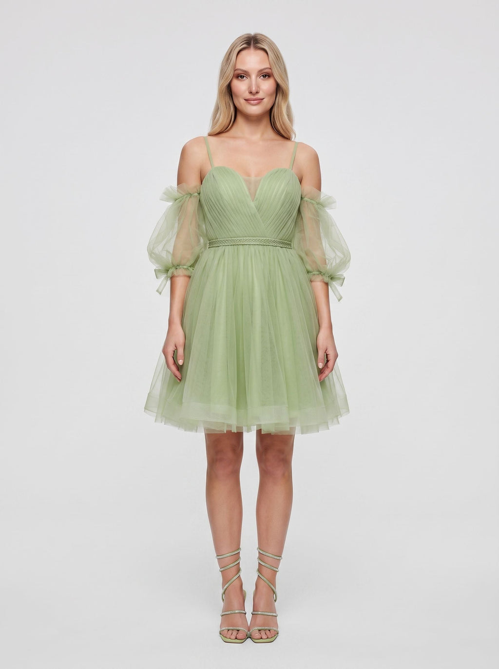 Green Tulle A-Line Sweetheart Back Zip Short Dress with Puffy Sleeves - Curvevia