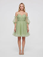 Green Tulle A-Line Sweetheart Back Zip Short Dress with Puffy Sleeves - Curvevia