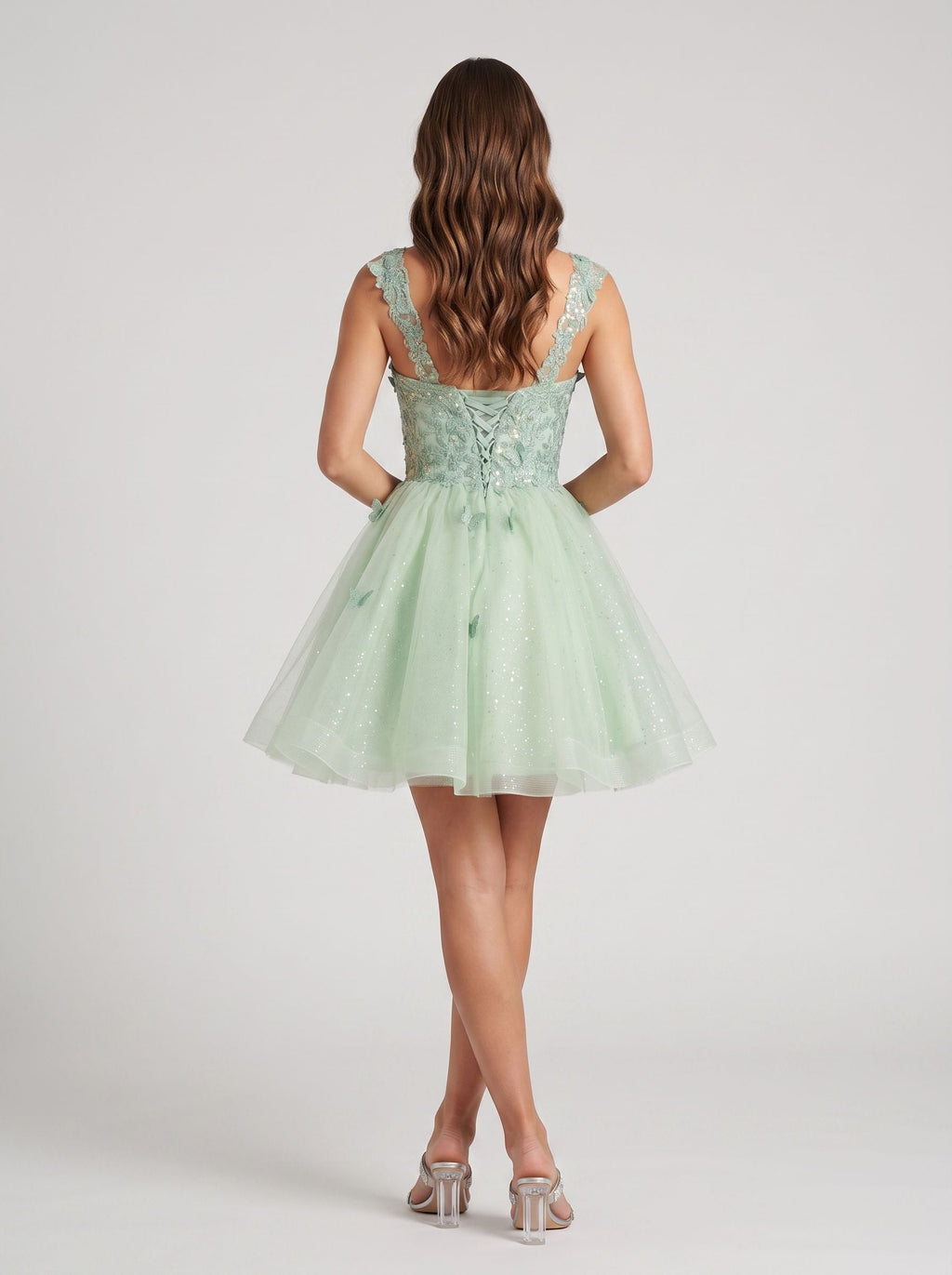 Green Tulle A-Line Sweetheart Criss-Cross Straps Short Dress with Butterfly Appliques - Curvevia