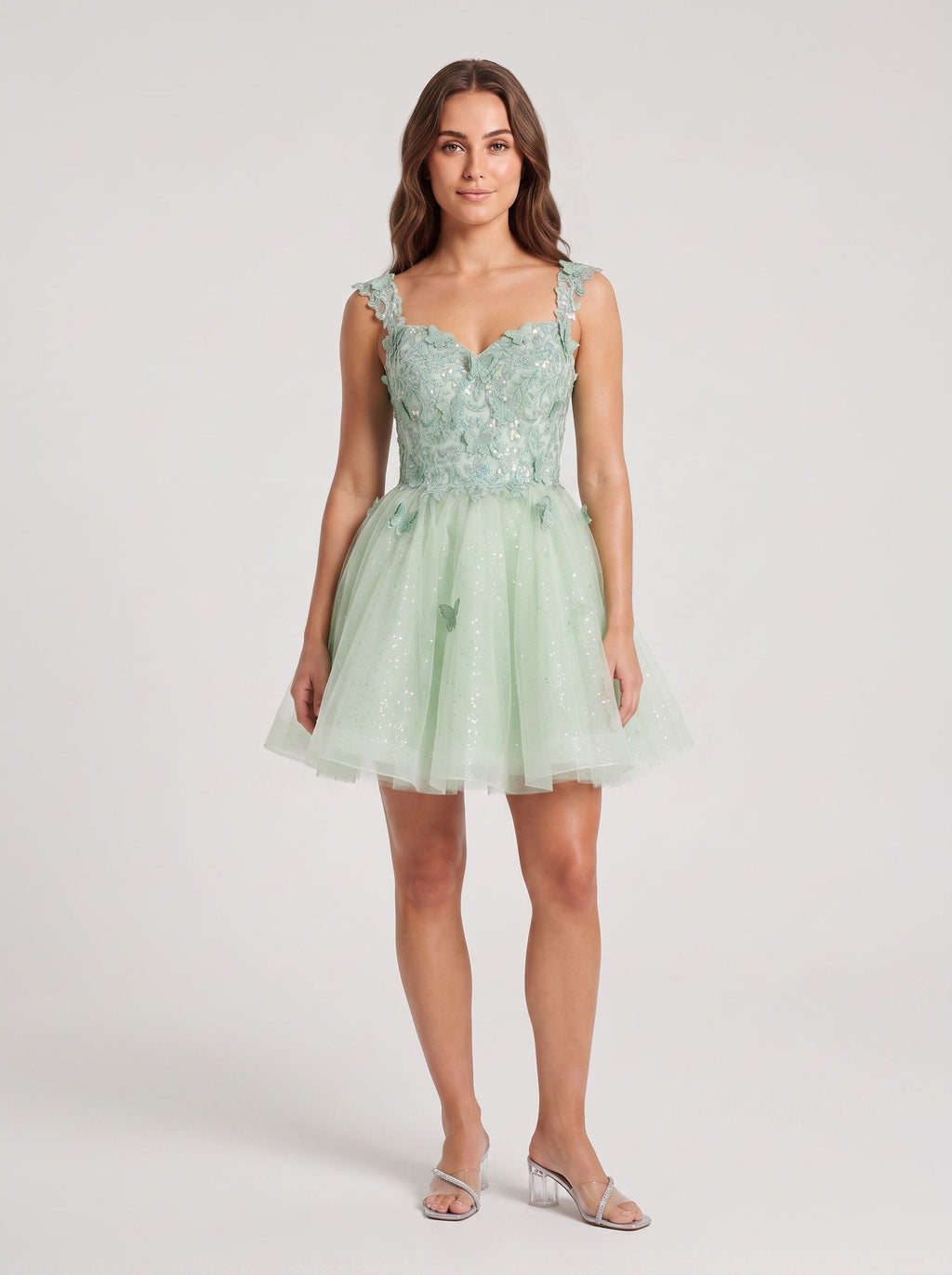 Green Tulle A-Line Sweetheart Criss-Cross Straps Short Dress with Butterfly Appliques - Curvevia
