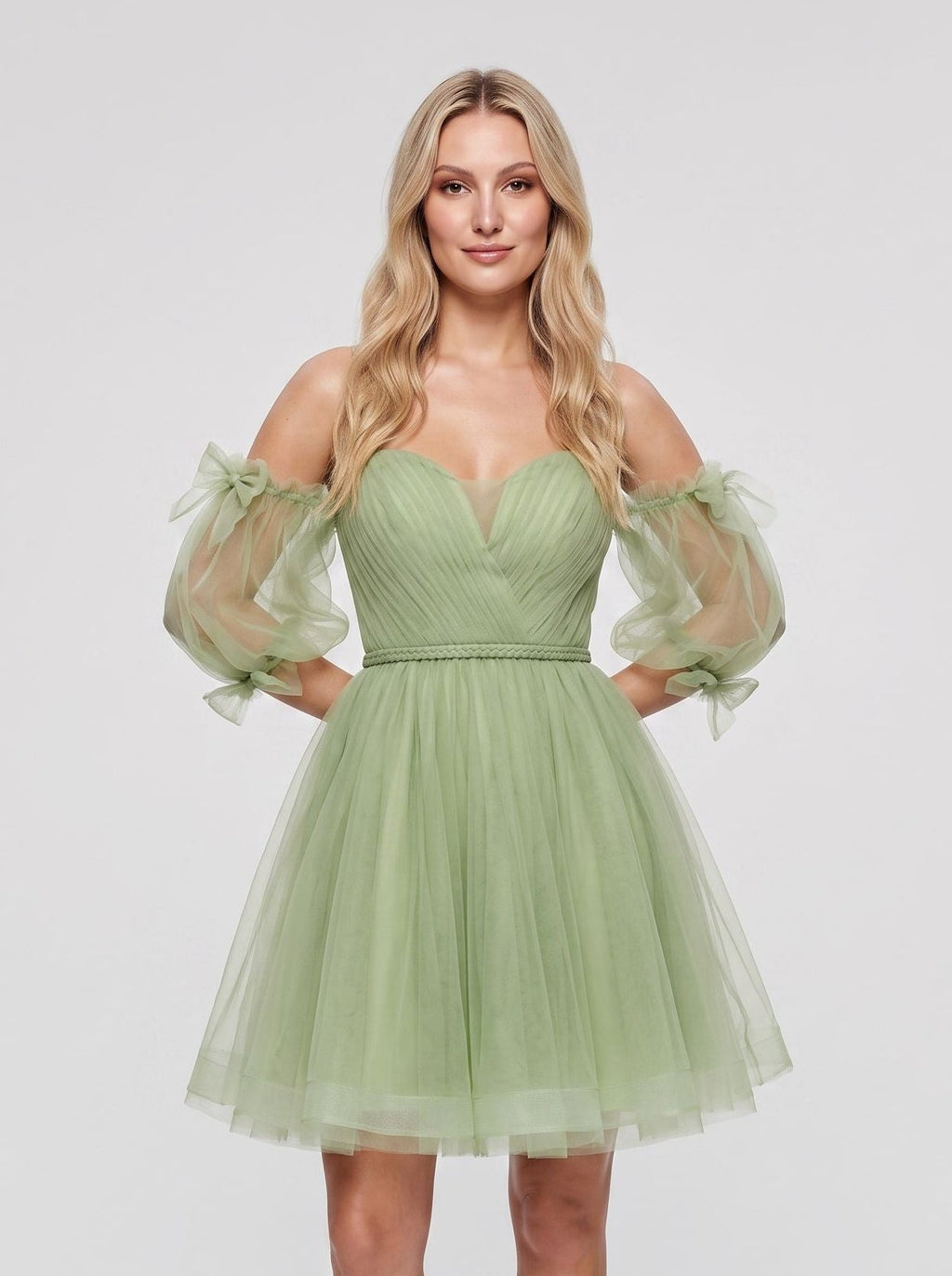 Green Tulle A-Line Sweetheart Back Zip Short Dress with Puffy Sleeves - Curvevia