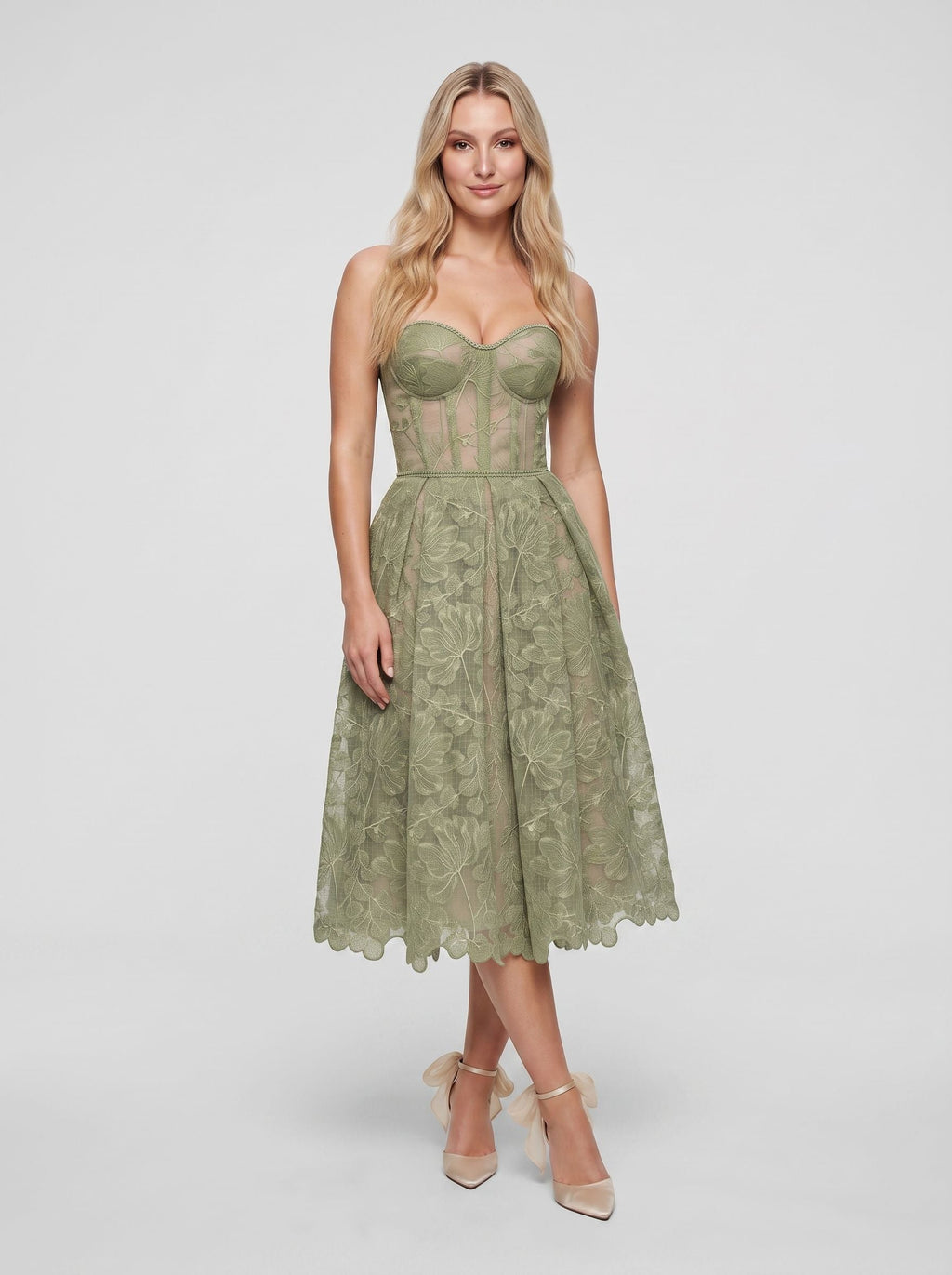 Sage Green Tulle A-Line Sweetheart Lace-up Tea-Length Dress with Lace Appliqués - Curvevia