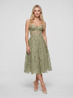 Sage Green Tulle A-Line Sweetheart Lace-up Tea-Length Dress with Lace Appliqués - Curvevia