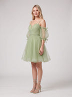 Green Tulle A-Line Sweetheart Back Zip Short Dress with Puffy Sleeves - Curvevia