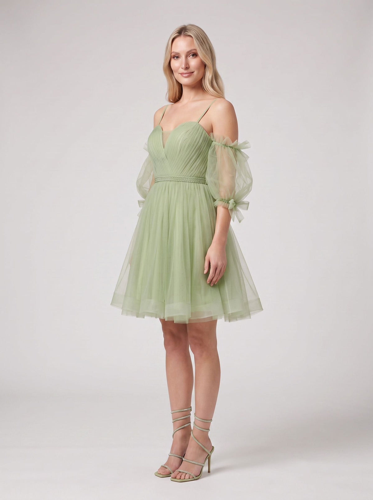 Green Tulle A-Line Sweetheart Back Zip Short Dress with Puffy Sleeves - Curvevia