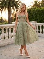 Sage Green Tulle A-Line Sweetheart Lace-up Tea-Length Dress with Lace Appliqués - Curvevia