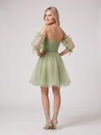 Green Tulle A-Line Sweetheart Back Zip Short Dress with Puffy Sleeves - Curvevia