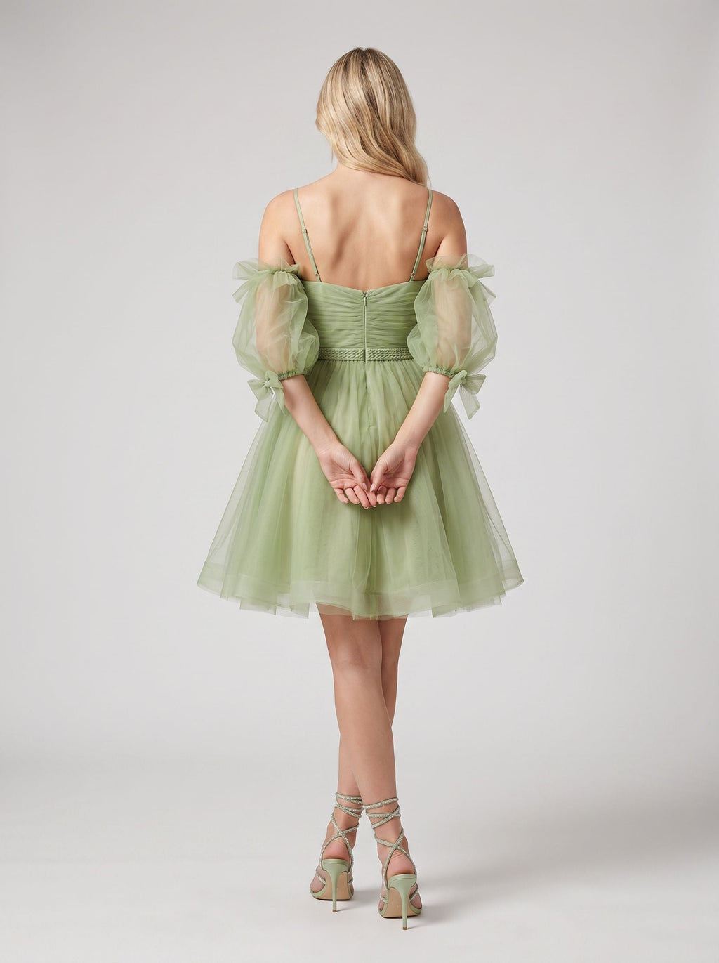 Green Tulle A-Line Sweetheart Back Zip Short Dress with Puffy Sleeves - Curvevia