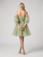 Green Tulle A-Line Sweetheart Back Zip Short Dress with Puffy Sleeves - Curvevia