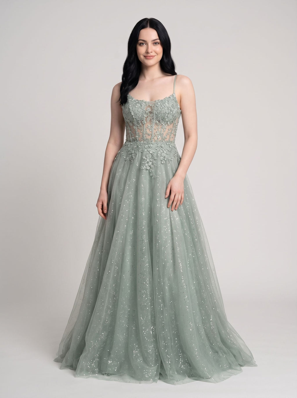 Green Sequins A-Line Scoop Neck Lace-up Floor-Length Dress with Floral Embroidery and Glitter - Curvevia