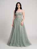 Green Sequins A-Line Scoop Neck Lace-up Floor-Length Dress with Floral Embroidery and Glitter - Curvevia