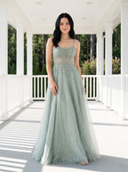 Green Sequins A-Line Scoop Neck Lace-up Floor-Length Dress with Floral Embroidery and Glitter - Curvevia