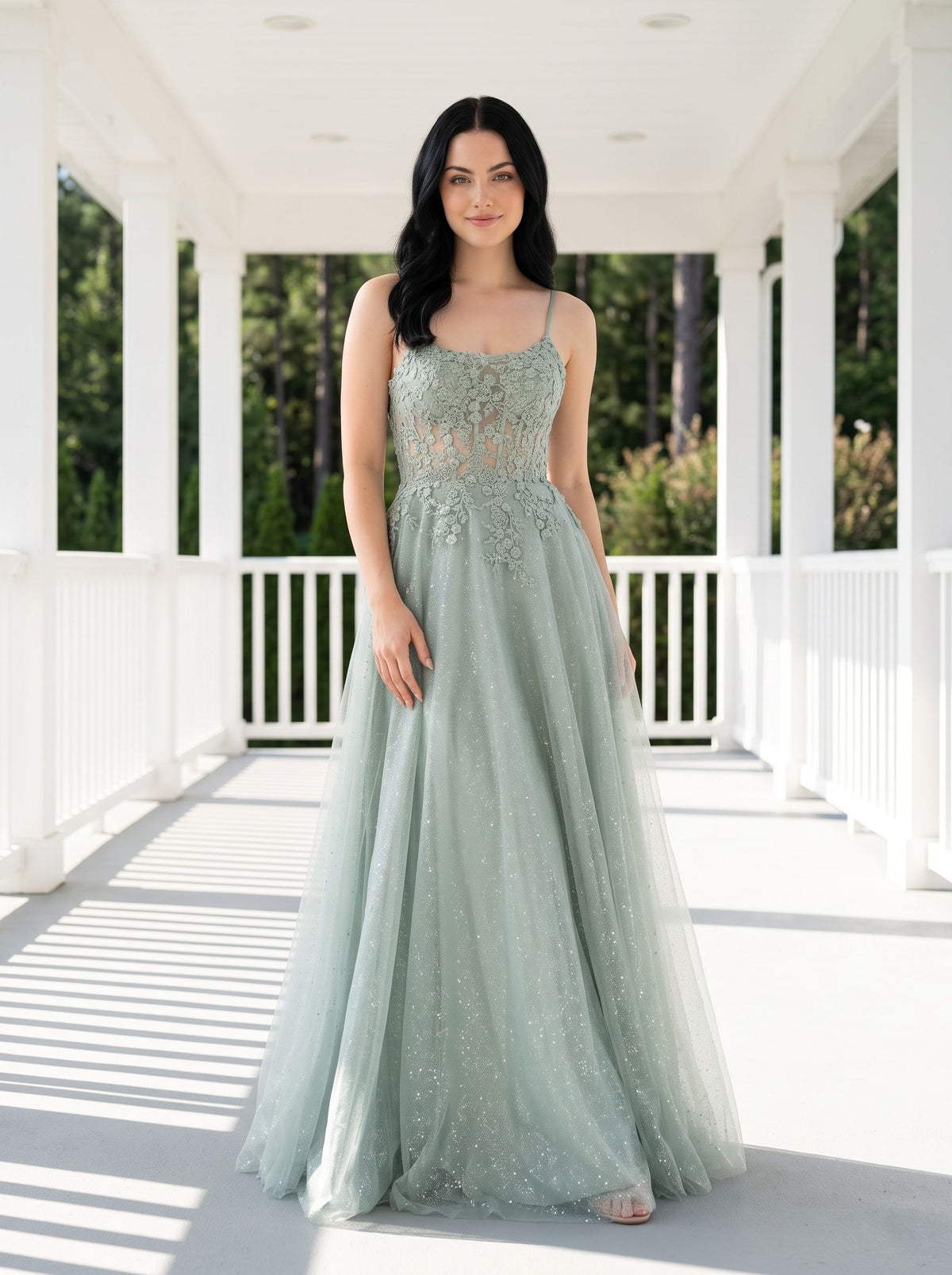 Green Sequins A-Line Scoop Neck Lace-up Floor-Length Dress with Floral Embroidery and Glitter - Curvevia