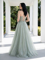 Green Sequins A-Line Scoop Neck Lace-up Floor-Length Dress with Floral Embroidery and Glitter - Curvevia
