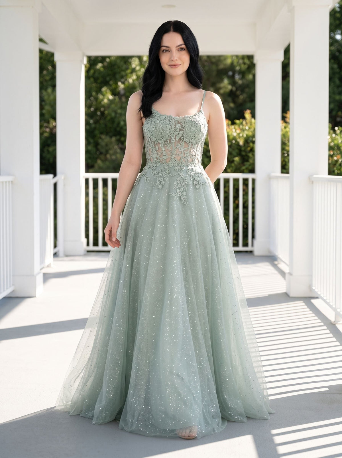 Green Sequins A-Line Scoop Neck Lace-up Floor-Length Dress with Floral Embroidery and Glitter - Curvevia