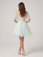 Green Tulle A-Line Sweetheart Lace-up Short Dress with Daisy Appliques - Curvevia