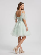 Green Tulle A-Line Sweetheart Lace-up Short Dress with Daisy Appliques - Curvevia