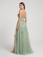 Dusty Sage Tulle A-Line Sweetheart Corset Back Floor-Length Dress with Floral Embroidery - Curvevia