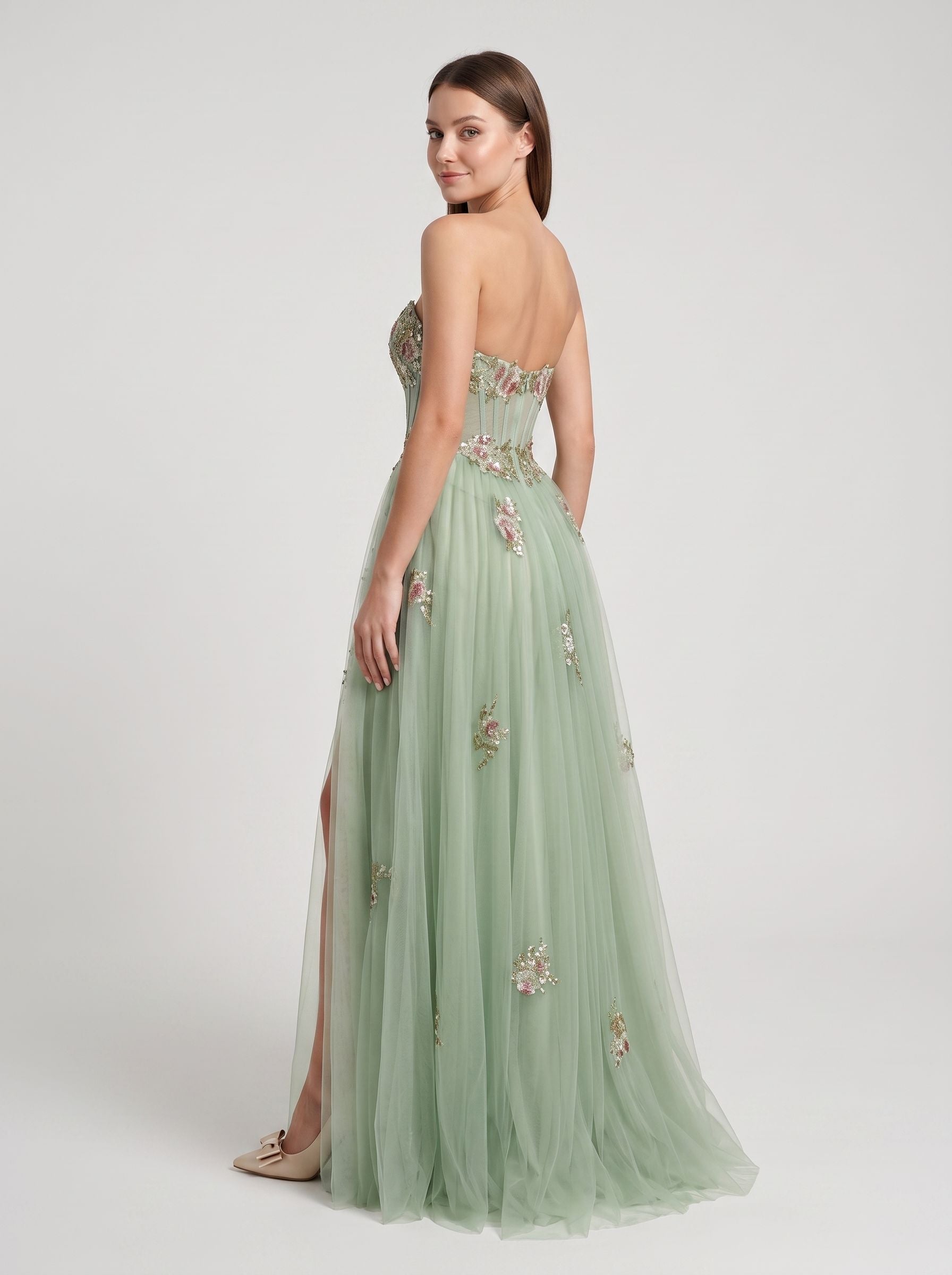 Dusty Sage Tulle A-Line Sweetheart Corset Back Floor-Length Dress with Floral Embroidery - Curvevia