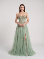 Dusty Sage Tulle A-Line Sweetheart Corset Back Floor-Length Dress with Floral Embroidery - Curvevia