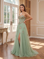 Dusty Sage Tulle A-Line Sweetheart Corset Back Floor-Length Dress with Floral Embroidery - Curvevia