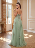 Dusty Sage Tulle A-Line Sweetheart Corset Back Floor-Length Dress with Floral Embroidery - Curvevia