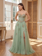 Dusty Sage Tulle A-Line Sweetheart Corset Back Floor-Length Dress with Floral Embroidery - Curvevia