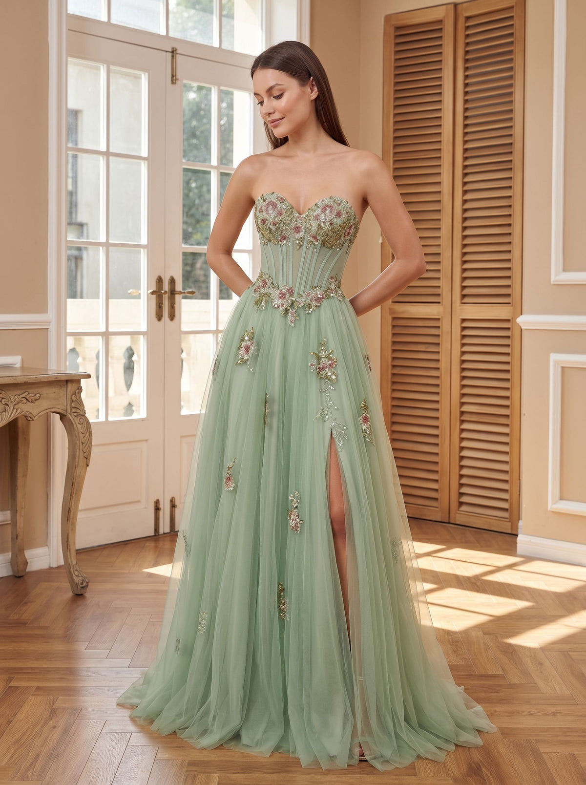Dusty Sage Tulle A-Line Sweetheart Corset Back Floor-Length Dress with Floral Embroidery - Curvevia