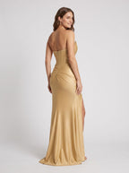 Gold Stretch Knit column V-Neck Backless Floor-Length Dress with Corset Bodice - Curvevia