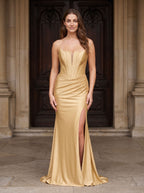 Gold Stretch Knit column V-Neck Backless Floor-Length Dress with Corset Bodice - Curvevia