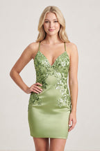 Sage Green V-Neck Sheath Satin Sequined Homecoming Dress - Curvevia
