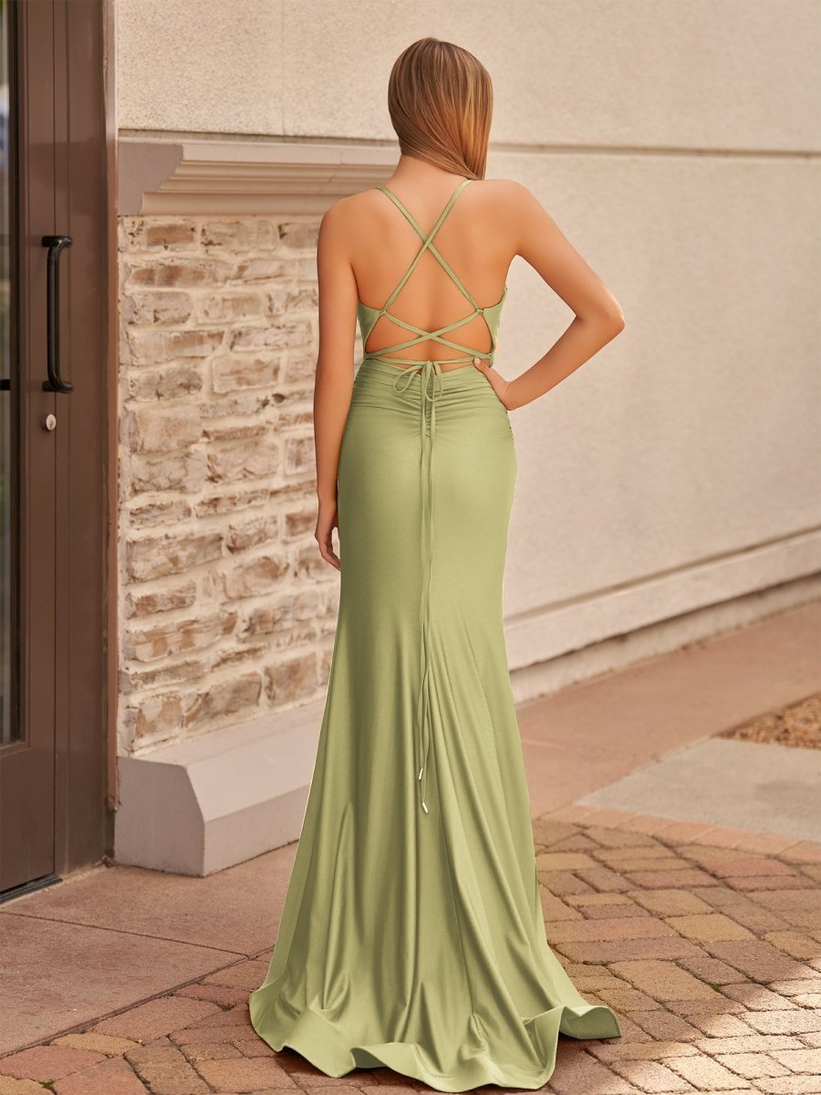 Mermaid Spaghetti Straps Satin Prom Dress with Slit - Curvevia