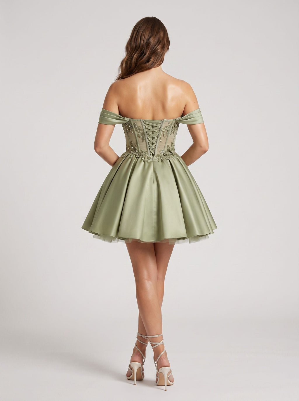 Green Satin A-Line Off-the-Shoulder Criss-Cross Straps Short Dress with 3D Flower - Curvevia